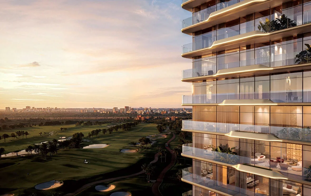 Smartworld Residences by ELIE SAAB overlooking the golf course at sunset, Sector 98 Noida