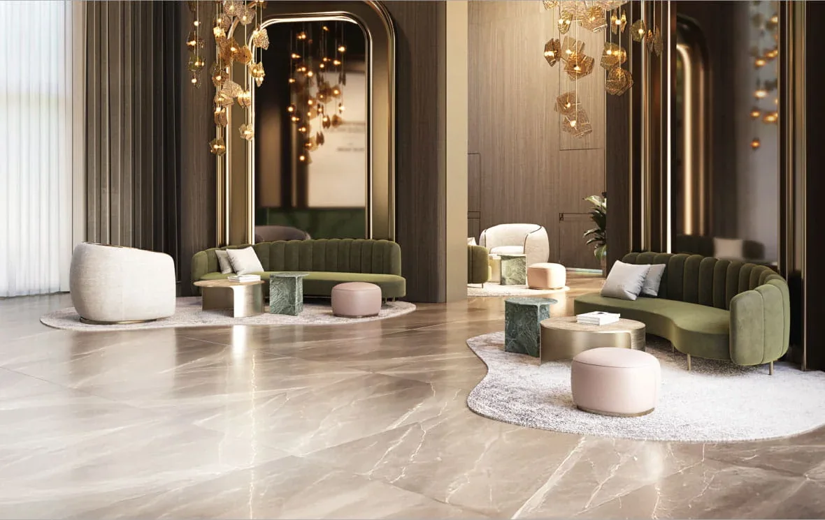 Lobby lounge with champagne metalwork and stone flooring