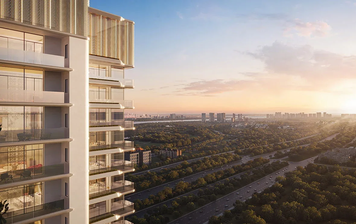 Balconies facing the Yamuna River and the expressway corridor