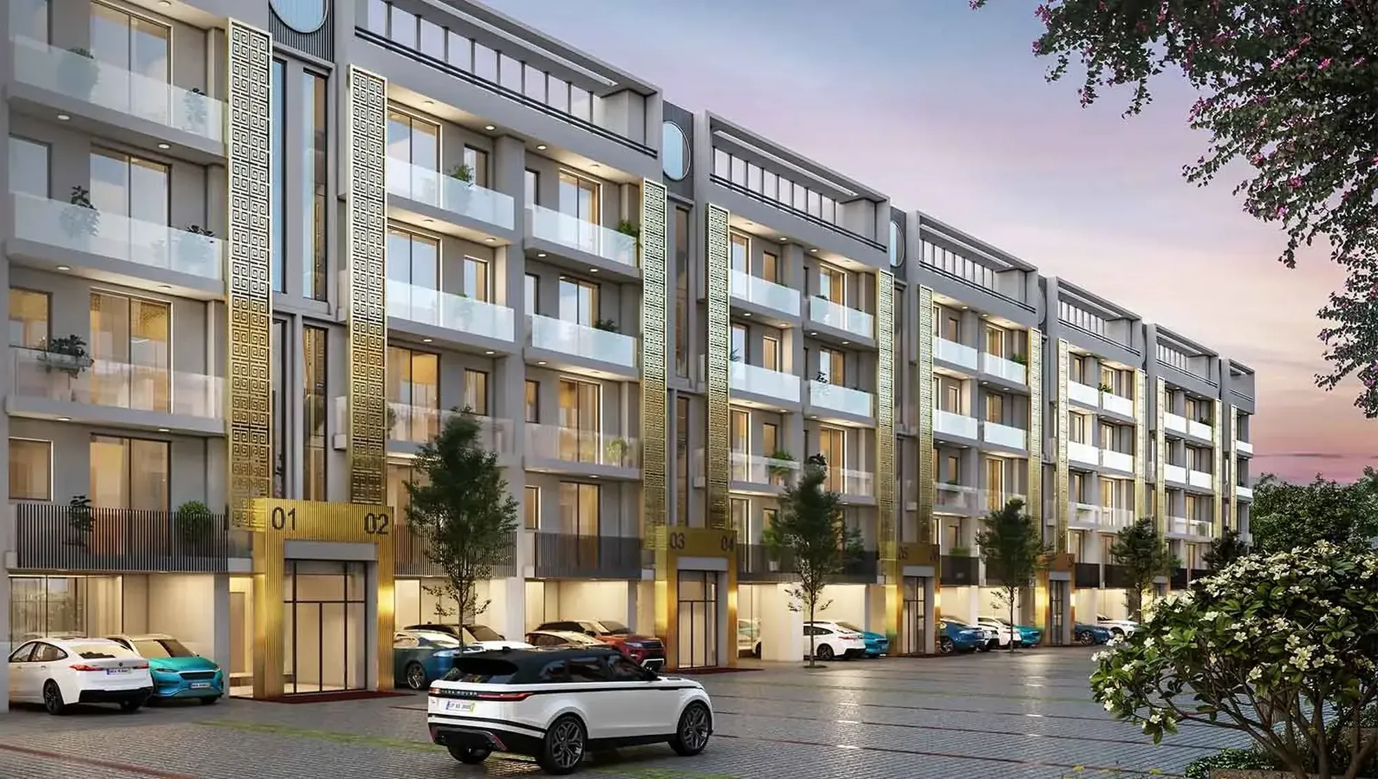 Smartworld Gems low-rise floors along the internal street at dusk, Sector 89 New Gurugram