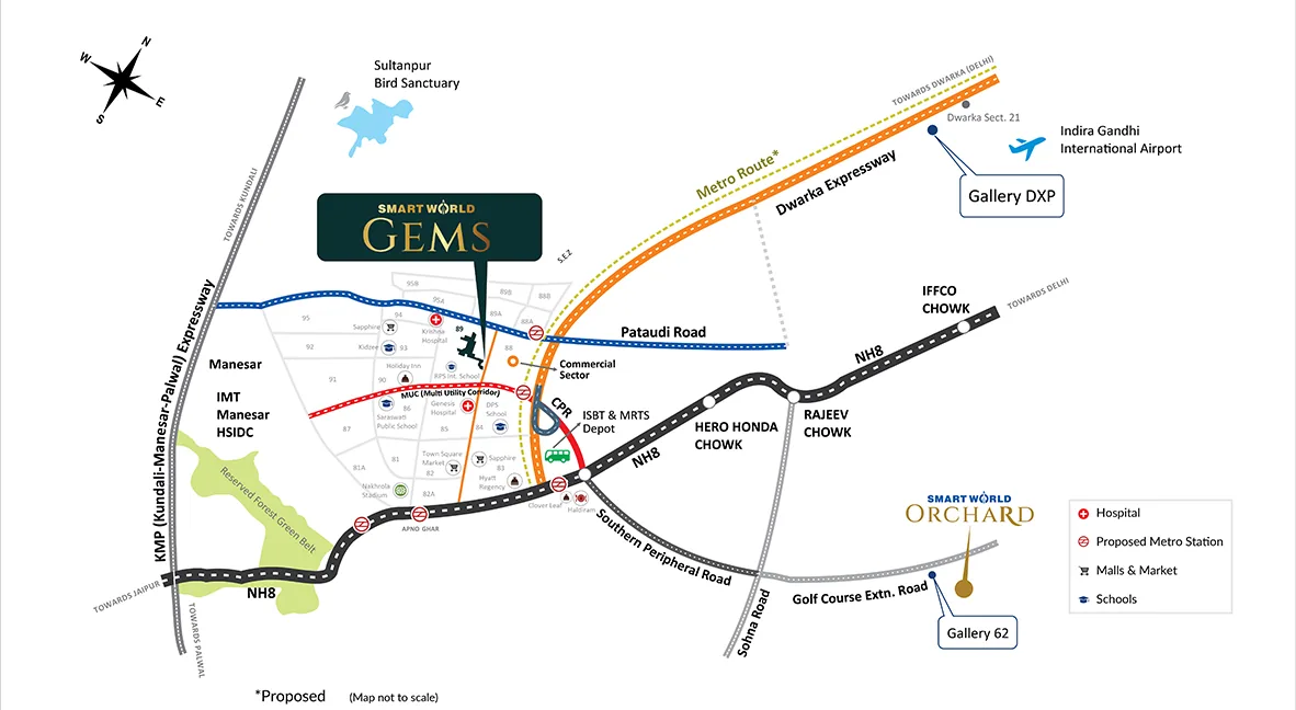Location map placing Smartworld Gems in Sector 89 between the Dwarka Expressway, Pataudi Road and NH-8, with IMT Manesar, Rajiv Chowk and IGI Airport marked