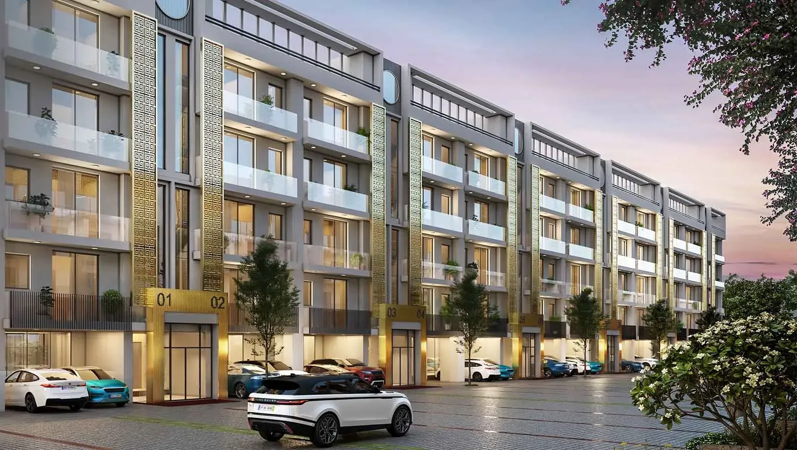 Smartworld Gems low-rise floors along the internal street at dusk, Sector 89 New Gurugram