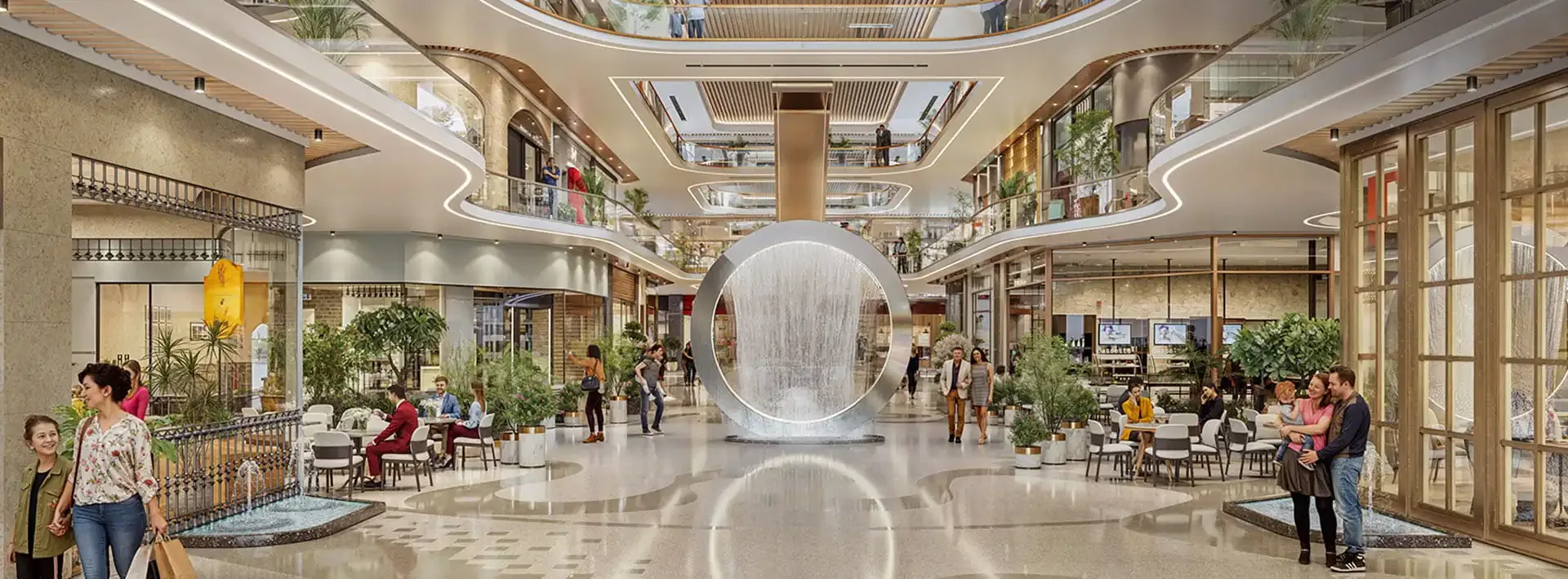 The skylit atrium and circular water feature at SmartWorld Le Courtyard, Noida