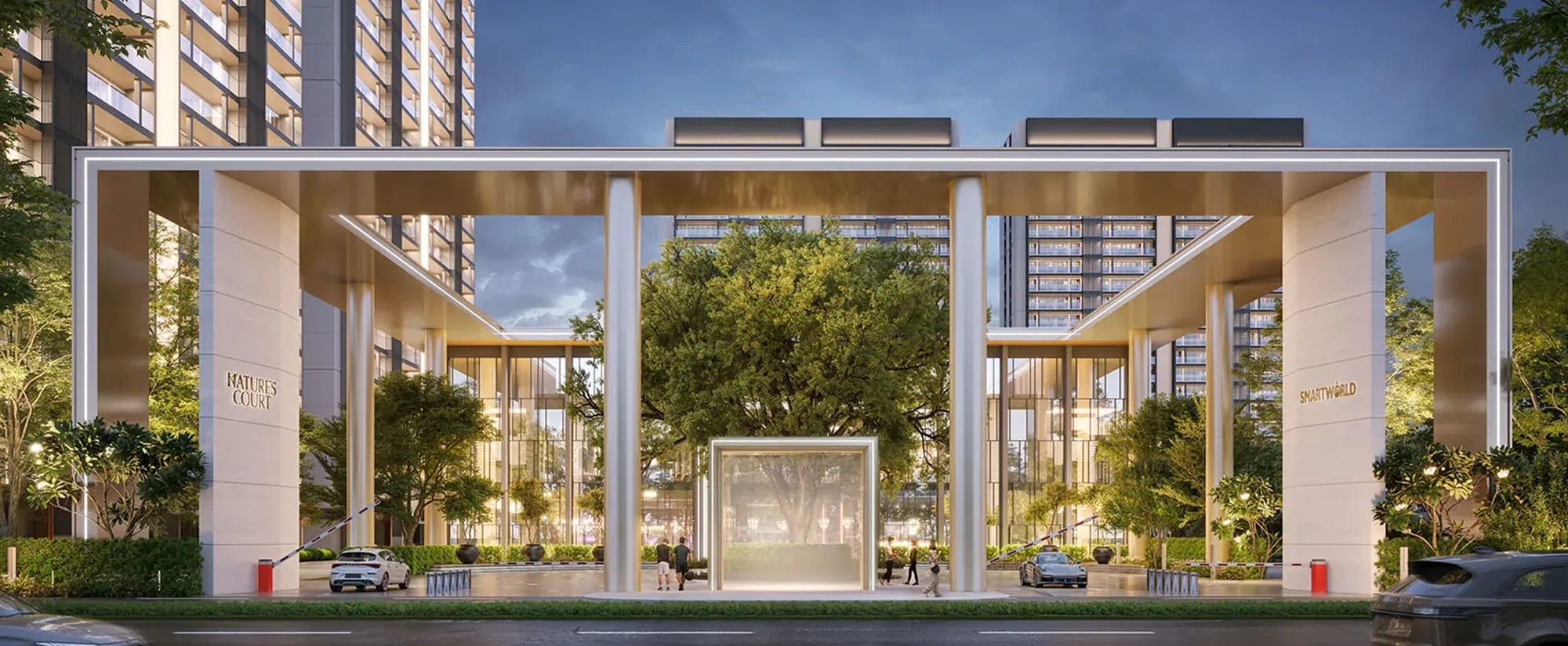 The illuminated arrival gate at Smartworld Nature's Court, Gurugram