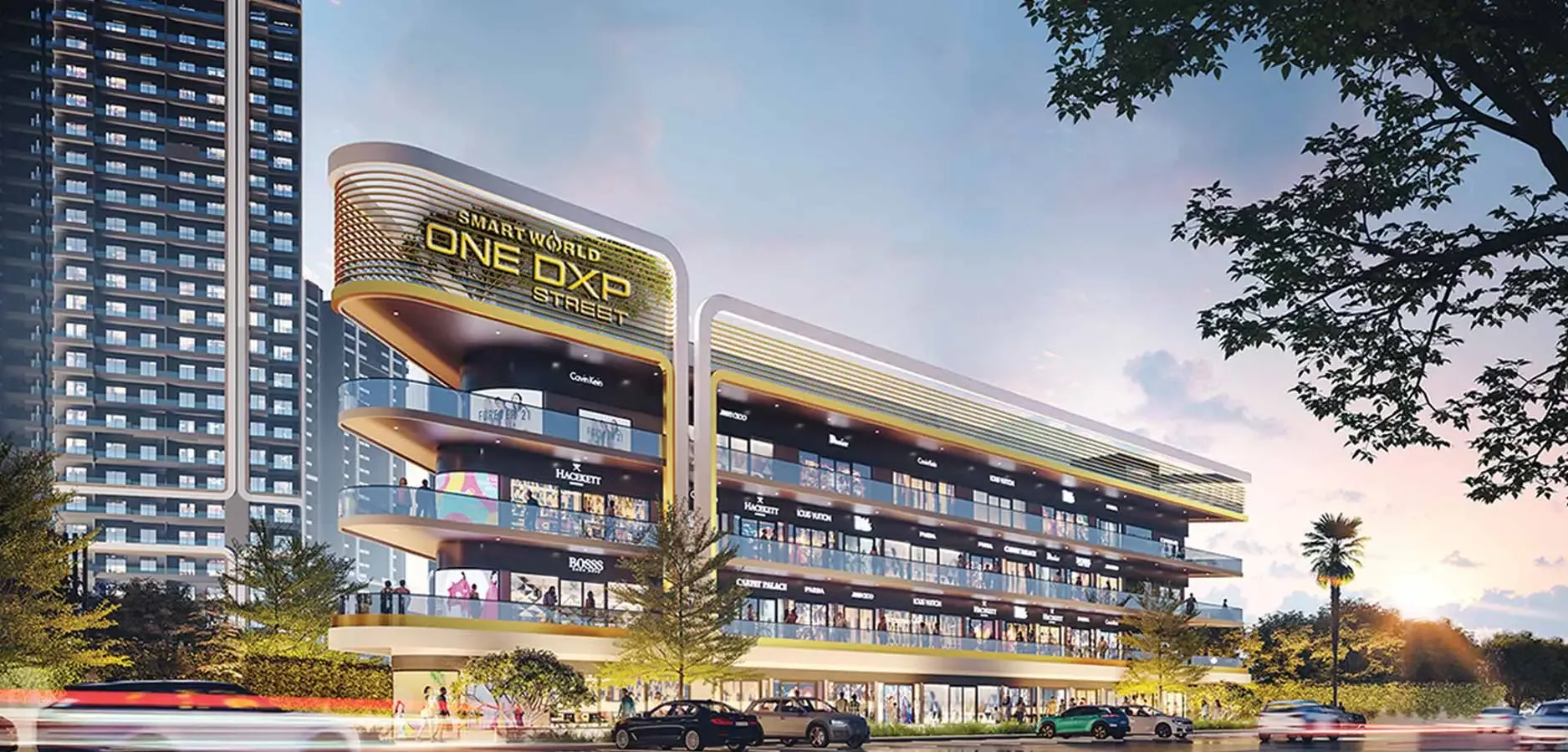 Smartworld One DXP Street high-street retail facade facing Dwarka Expressway, Sector 113 Gurugram
