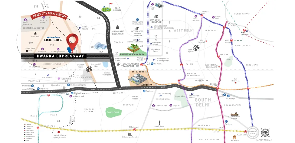 Smartworld One DXP Street location map showing Sector 113 on Dwarka Expressway, with IGI Airport, Dwarka, the Diplomatic Enclave and South Delhi marked