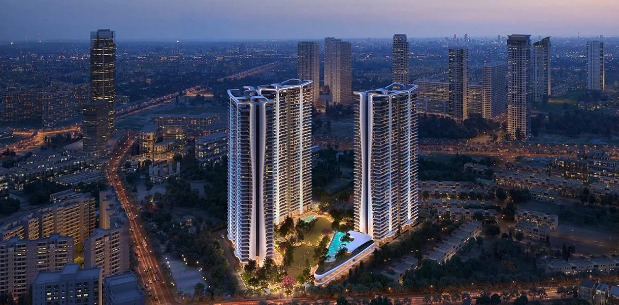 Smartworld One DXP towers at dusk in Sector 113 Gurugram