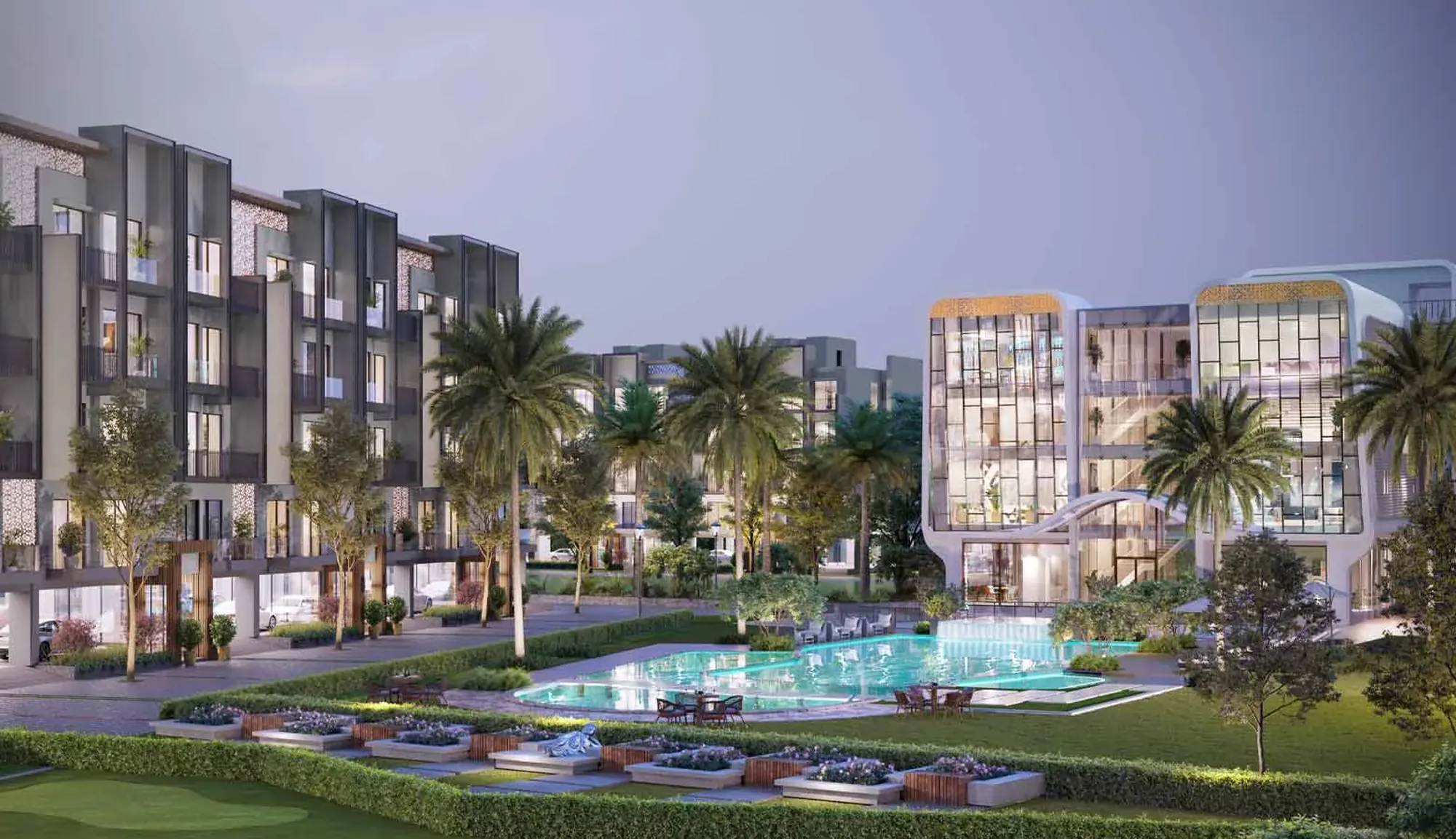 Smartworld Orchard low-rise floors and clubhouse across the pool court, Sector 61 Gurugram