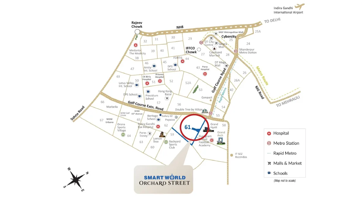 Smartworld Orchard Street location map marking Sector 61 beside Golf Course Extension Road, with Cyber City, IFFCO Chowk, hospitals, schools and the metro route