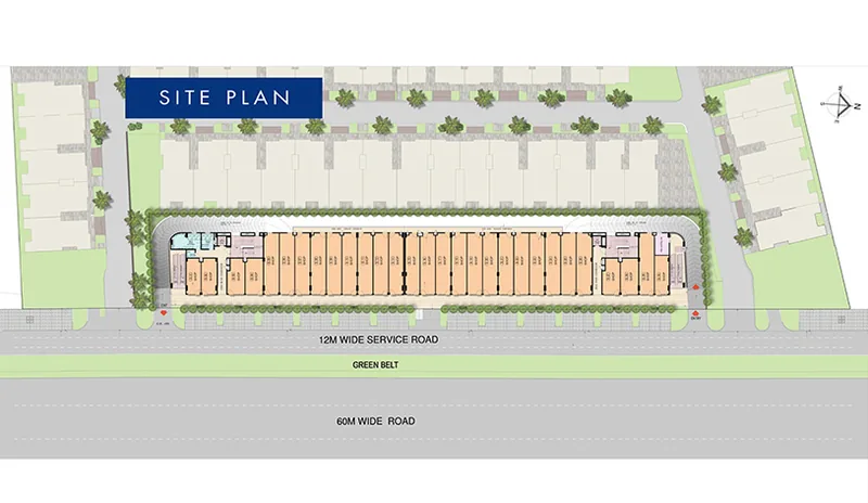Site plan showing the shop run, service road, green belt and 60 m road — Smartworld Orchard Street, Gurugram