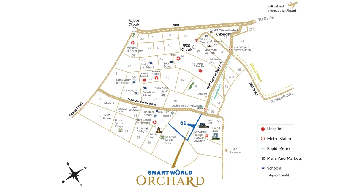 Location map placing Smartworld Orchard in Sector 61 beside Golf Course Extension Road, with Rajeev Chowk, IFFCO Chowk, Cyber City and the metro route marked