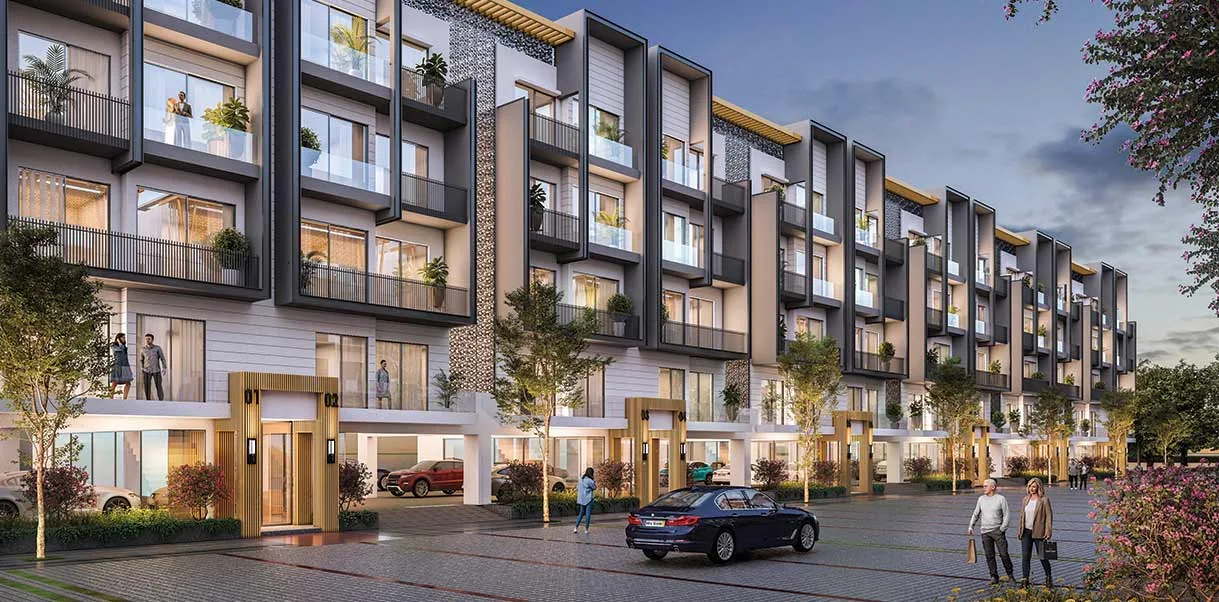 Low-rise floors at Smartworld Orchard along the internal street with stilt parking below