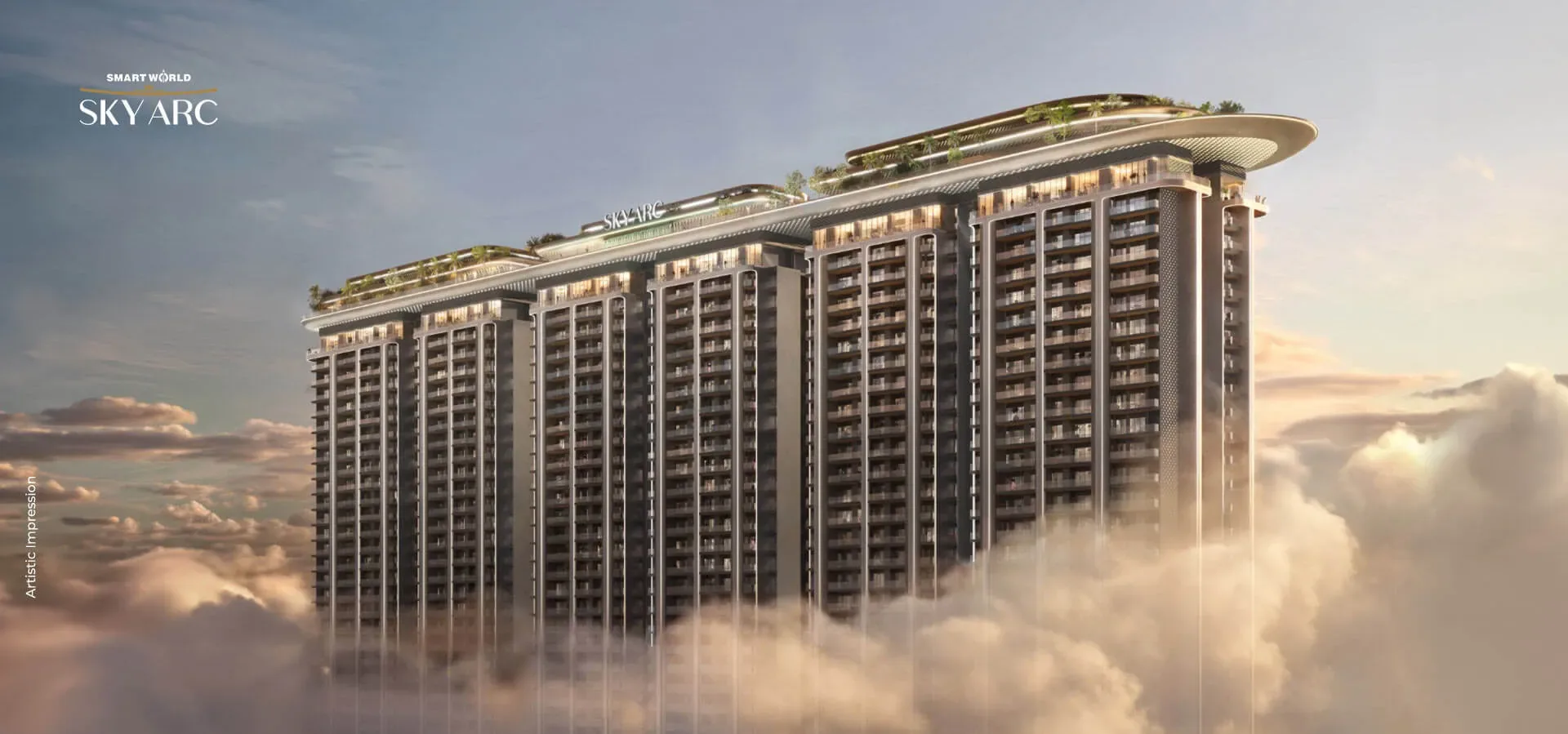 Smartworld Sky Arc towers above cloud level with a curved rooftop sky deck, Gurugram