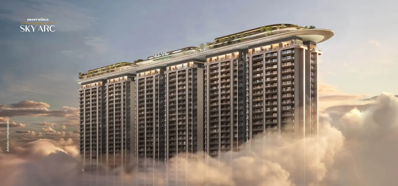 Smartworld Sky Arc towers above cloud level with a curved rooftop sky deck, Gurugram