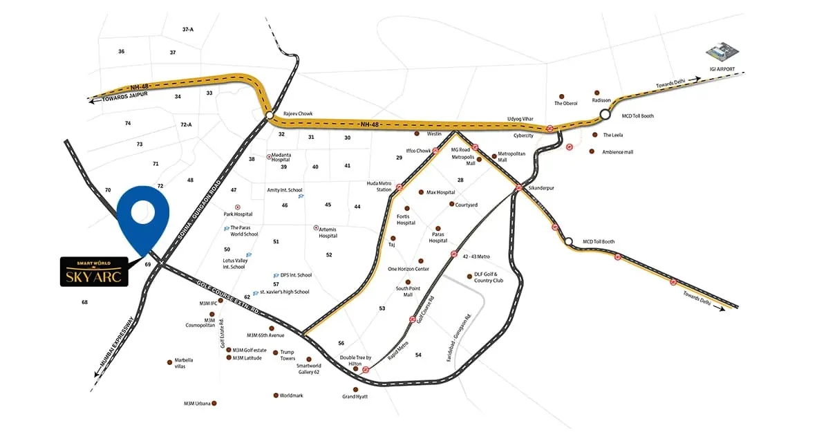 Smartworld Sky Arc Sector 69, Gurugram location map showing Golf Course Extension Road connectivity